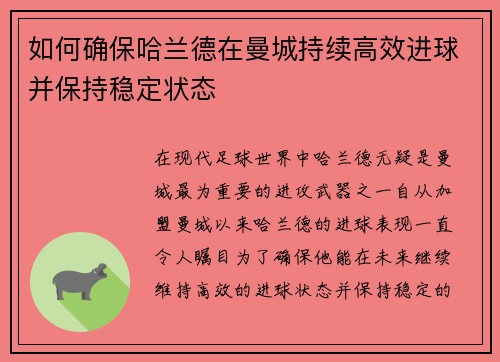 如何确保哈兰德在曼城持续高效进球并保持稳定状态